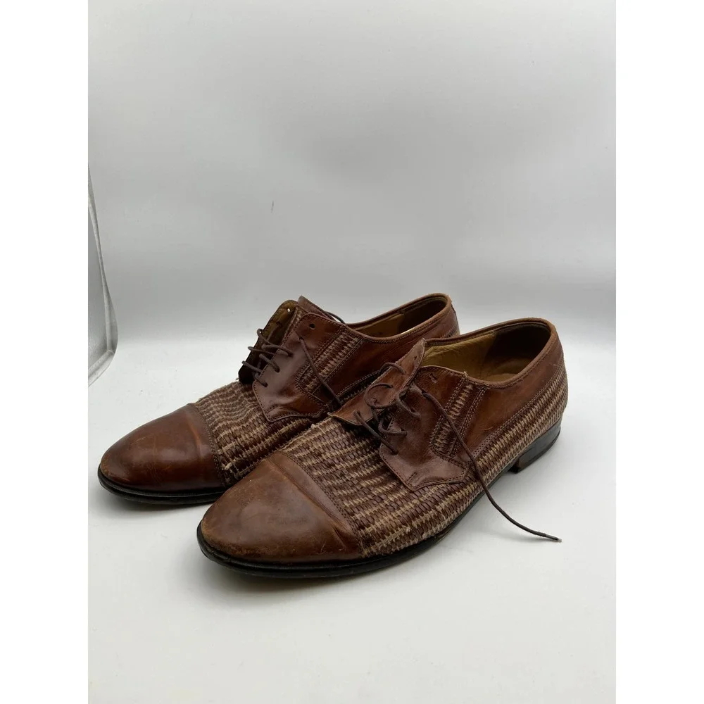 Johnston & Murphy Cellini Italy Mens 12 Brown Woven Leather Cap Toe Oxfords